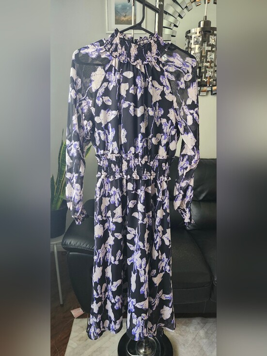 o.p.t Dresses & Skirts - Long Sleeve Black Floral Midi Dress with Smocked Waist